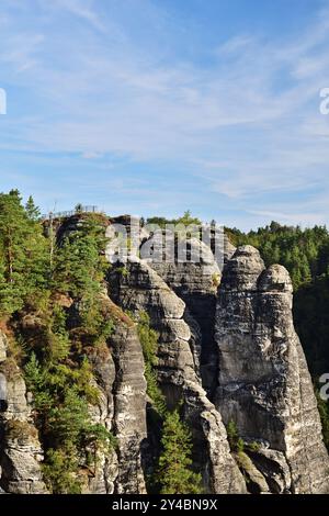 Bastei in Saxon Switzerland, Germany on a sunny day, vertical Stock Photo