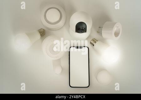 smart home devices phone white screen mockup. Security light automation devices. Remote controll automation Stock Photo