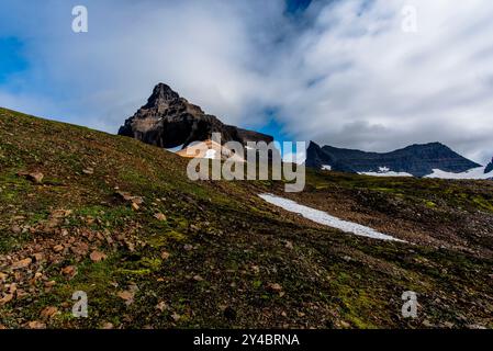 cloud-shrouded mountains around Borgarfjordur Eystri in Eastern Iceland Stock Photo