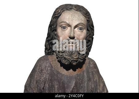 Head of Jesus, around 1470, on a white background, only the body of Jesus remains of the palm donkey, Strigel Museum, Martin-Luther-Platz 1, Memmingen Stock Photo