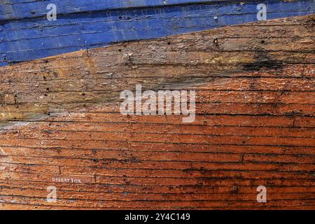 Colourful ship's planks, rotten hull and old planks of a ship, close-up of the underwater hull. Peenemuende, Usedom Island, Mecklenburg-Western Pomera Stock Photo