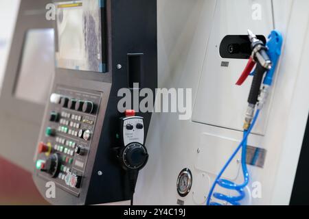 Metalworking CNC machining center close up. Selective focus. Stock Photo
