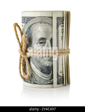 Roll of american dollars in rope isolated on a white background Stock Photo