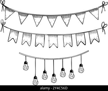 Autumn garlands vector set with pennant and light bulbs on isolated background. Linear black Illustration of hanging and bunting for festival or greeting cards design. Drawing for party design. Stock Vector