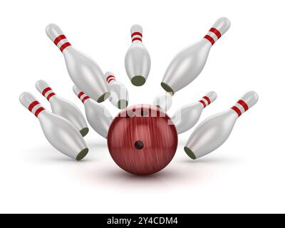 Bowling Ball Crashing Into the Pins, This is a computer generated and 3d rendered picture Stock Photo