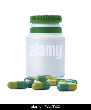 Pills and jar isolated on a white background Stock Photo