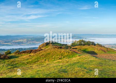 A panoramic view from the top of the Wrekin Hill in Shropshire, UK looking south towards Brown Clee hill Stock Photo