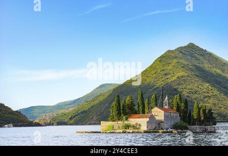 Evening sunlight on Saint George island in Perast, Montenegro, Europe Stock Photo