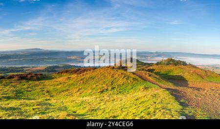 A panoramic view from the top of the Wrekin Hill in Shropshire, UK looking south towards Brown Clee hill Stock Photo