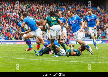 Ibrox Stadium the home of Glasgow Rangers FC, Glasgow, Scotland, UK, Wednesday, 27th July, 2014. South Africa and Scotland playing in a Rugby sevens Quarter Final at the Glasgow 2014 Commonwealth Games Stock Photo