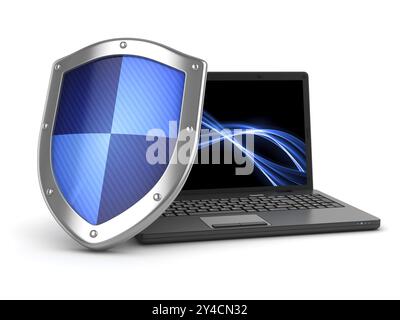 Laptop and shield, This is a computer generated and 3d rendered image Stock Photo