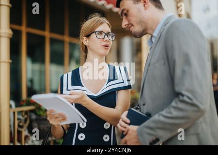 Professional conversation between two colleagues outside an office building Stock Photo