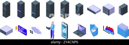 Dedicated server icons set. System administrator working on laptop, managing data storage, server and cloud computing with security and financial analytics Stock Vector