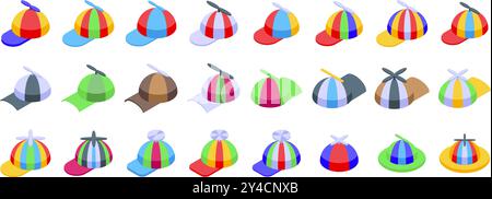 Cap propeller icons set. Set of funny colorful propeller hats with rotating fan blades on top in isometric view, different colors and design variations, isolated on white background Stock Vector