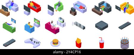 Lazy tv icons set. People watching television at home sitting on sofa isometric view icons set for web design isolated on white background Stock Vector