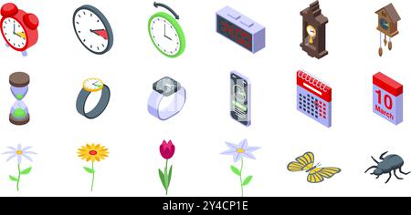 Spring forward icons set. This is a set of isometric icons representing different ways of measuring time, both natural and artificial Stock Vector