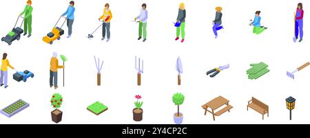 Lawn worker icons set. Gardeners are planting and caring for plants, using gardening tools isometric icons set Stock Vector