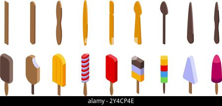 Popsicle stick icons set. Set of delicious looking ice cream bars on wooden sticks, with a variety of flavors and colors, ideal for projects related to summer, desserts, and refreshing treats Stock Vector