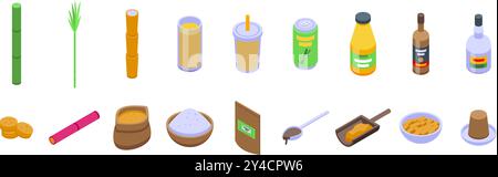 Sugarcane icons set. Sugarcane agriculture industry production process showing different product from plant to final form for store shelves Stock Vector