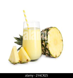 Glass of pineapple juice with a straw and slices of pineapple isolated ...