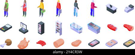 Meat shop interior icons set. Customers choosing fresh meat products and butchery equipment isometric icons set for web design isolated on white background Stock Vector