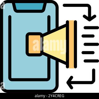 Smartphone with a big loudspeaker is increasing volume with two arrows making a loop around it Stock Vector