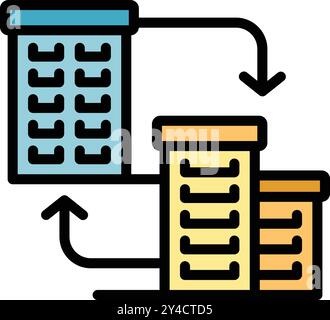 This icon shows a company decentralizing and downsizing by moving from a large office building into two smaller ones Stock Vector