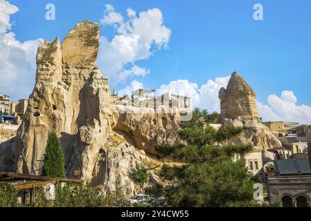 Blue sky over conical caves in Cappadocia, Turkey, Asia Stock Photo