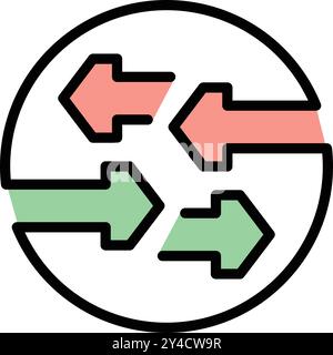 Four arrows, two green and two red, are pointing in different directions inside a circle, conveying a sense of movement and interconnectedness Stock Vector