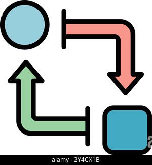 Colorful arrows are moving data between circles and squares, showing the flow of information Stock Vector