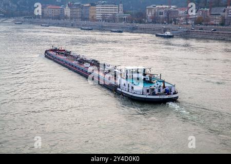 German Registered Oil Tanker Barge Stadt Worth Sailing Through Budapest Hungary On The Danube River Stock Photo