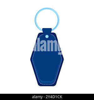 Vector leather holder trinket, blue keychain for key. Metal ring. Label of blue fob for car or office. Keyring isolated on white background. Blank acc Stock Vector