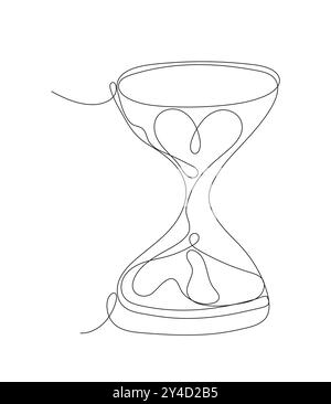continuous line illustration of an hourglass with a heart inside. This minimalist design represents the passage of time intertwined with love Stock Vector