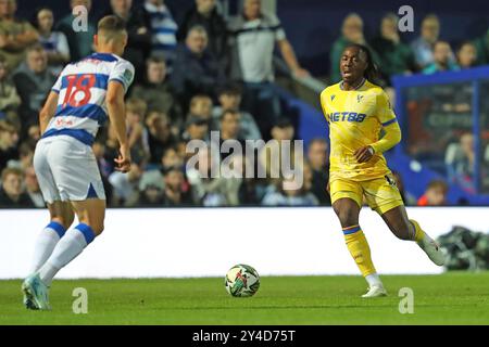 17th September 2024; Loftus Road Stadium, Shepherds Bush, West London, England; Carabao Cup Third Round Football, Queens Park Rangers versus Crystal Palace; Eberechi Eze of Crystal Palace with the ball against an oncoming Zan Celar of Queens Park Rangers. Stock Photo