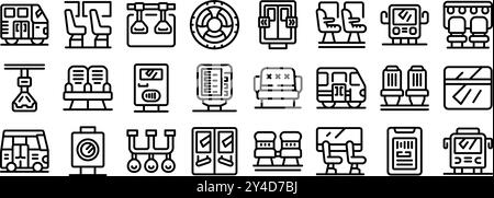 Bus interior icons set. This set of icons depicting intercity and city public transport interiors is showing seats, handles, doors, ticket machines and more Stock Vector