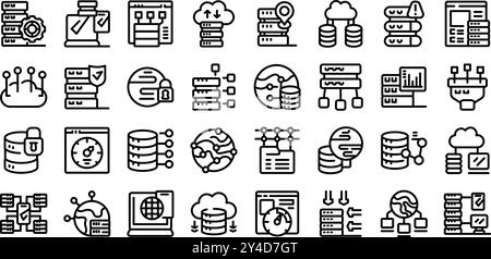 CDN icons set. Data center icons showing cloud storage and data processing capabilities in a thin line vector style Stock Vector