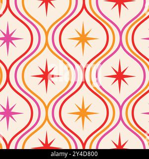 Mid century modern atomic starbursts on pink, orange and red ogee oval waves seamless pattern. For home décor, wallpaper and textile Stock Vector
