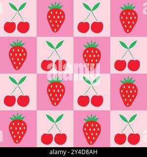 Checkered Cherries and strawberries on white and pink checkerboards seamless pattern. For wrapping paper, fabric and textile Stock Vector