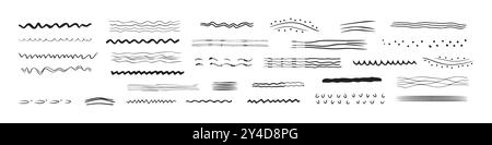 Collection of black dashed and wavy lines in various patterns isolated on a white background. Concept of abstract design elements, hand-drawn style, d Stock Vector
