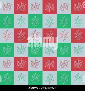Checkered snowflakes seamless pattern on green, red and white checkerboards. For wrapping paper, Christmas decoration and fabric Stock Vector