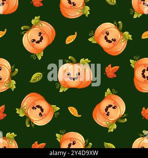 Seamless vector pattern featuring adorable Halloween cute pumpkins with autumn leaves on a dark green background Stock Vector