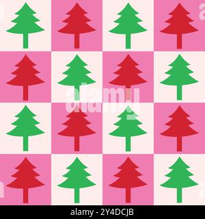 Checkered Christmas trees in green and red on white and pink checkerboards. For Wrapping paper , fabric and home décor Stock Vector