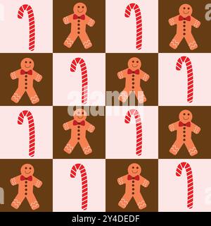 Checkered Christmas Gingerbread man cookie with striped candy cane on white and brown checkerboards seamless pattern. For Christmas wrapping paper, fa Stock Vector
