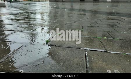 Rain in the city. View of raindrops falling on the pavement Raindrops falling on the city sidewalk Stock Photo