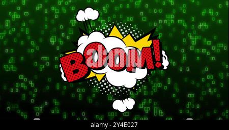 Image of boom text over retro vibrant pattern and binary coding background Stock Photo