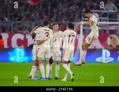 Munich, Germany. 17th Sep, 2024. Players of Bayern Munich celebrate a goal during the first round match of UEFA Champions League between Germany's Bayern Munich and Croatia's GNK Dinamo in Munich, Germany, Sept. 17, 2024. Credit: Philippe Ruiz/Xinhua/Alamy Live News Stock Photo