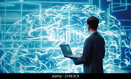 Computer scientist solving tasks on laptop, running artificial intelligence programming scripts. Engineer manipulating lines of code for AI applications development, camera B Stock Photo