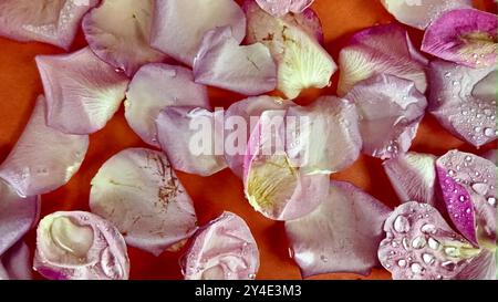 The white petals move in the water. Petals in water. Raindrops fall on petals. The concept of romance, love, Valentine's Day, wedding day. Slow motion Stock Photo