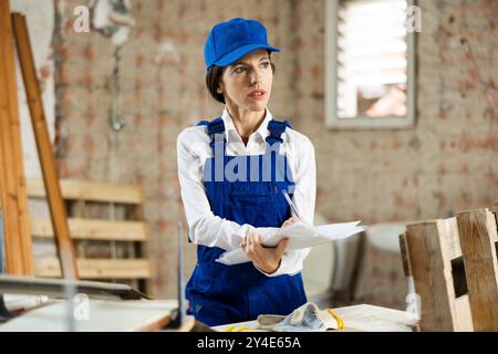 Female contractor taking notes while planning building renovation Stock Photo