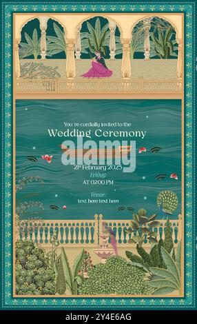 Indian Mughal wedding invitation design with floral patterns, a serene riverside scene with floating petals and a boat, a woman in traditional attire Stock Vector